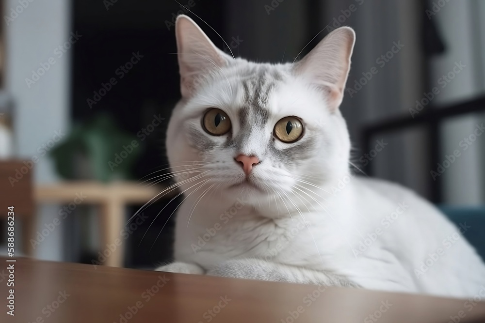 Adorable Cat Sitting at Home. Closeup of Cute Pet with Blur Background and Copy Space