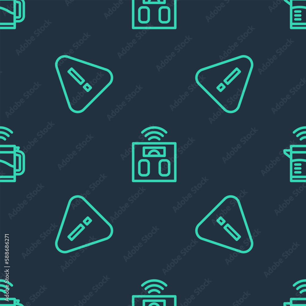 Set line Smart bathroom scales, Exclamation mark in triangle and electric kettle on seamless pattern. Vector Set line Smart bathroom scales, Exclamation mark in triangle and electric kettle on seamless pattern. Vector