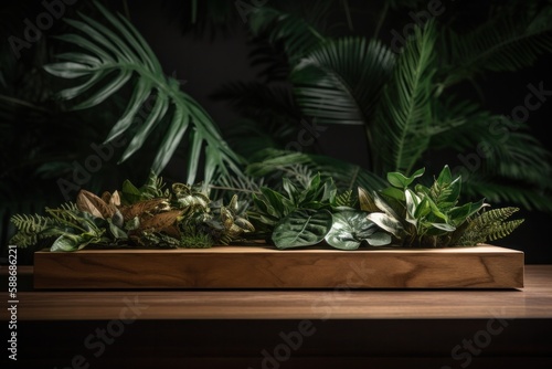 Empty Wooden Tabletop Display Showcase with Lush Jungle Leaves Background