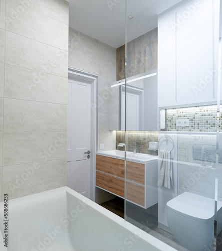 Bathroom with mosaic and tiles. Furniture with wood texture. Led lamps in the room.
