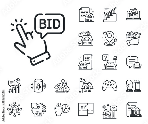 Auction sign. Floor plan, stairs and lounge room outline icons. Bid offer line icon. Raise the price up symbol. Bid offer line sign. House mortgage, sell building icon. Real estate. Vector