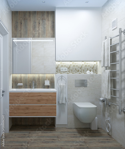 Bathroom with mosaic and tiles. Furniture with wood texture. Led lamps in the room.