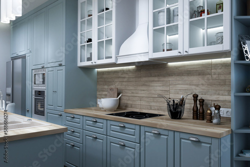 Kitchen furniture. Designed in white and green colors with wooden textures. Living room with kitchen studio.