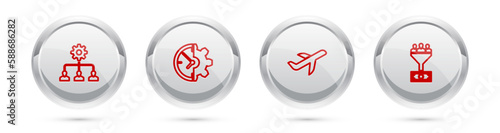 Set line Lead management, Clock and gear, Plane and . Silver circle button. Vector