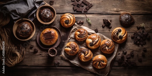 Freshly Baked Sweet Buns with Chocolate on Old Wooden Table