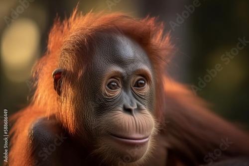 Portrait closeup of a beautiful baby, juvenile Orangutan ape. © MD Media