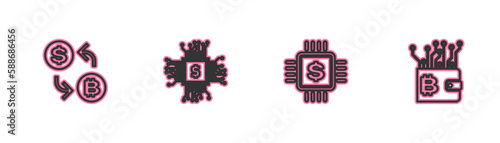 Set line Cryptocurrency exchange, Processor chip with dollar, and wallet icon. Vector