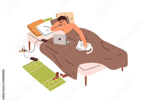 Person watching movie, series, lying in bed at home. Man relaxing with laptop...
