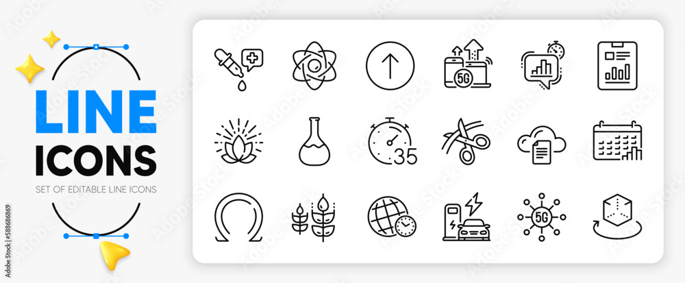 Statistics timer, Calendar graph and Augmented reality line icons set for app include Charging station, Scissors, Gluten free outline thin icon. Timer, Chemistry lab, Lotus pictogram icon. Vector