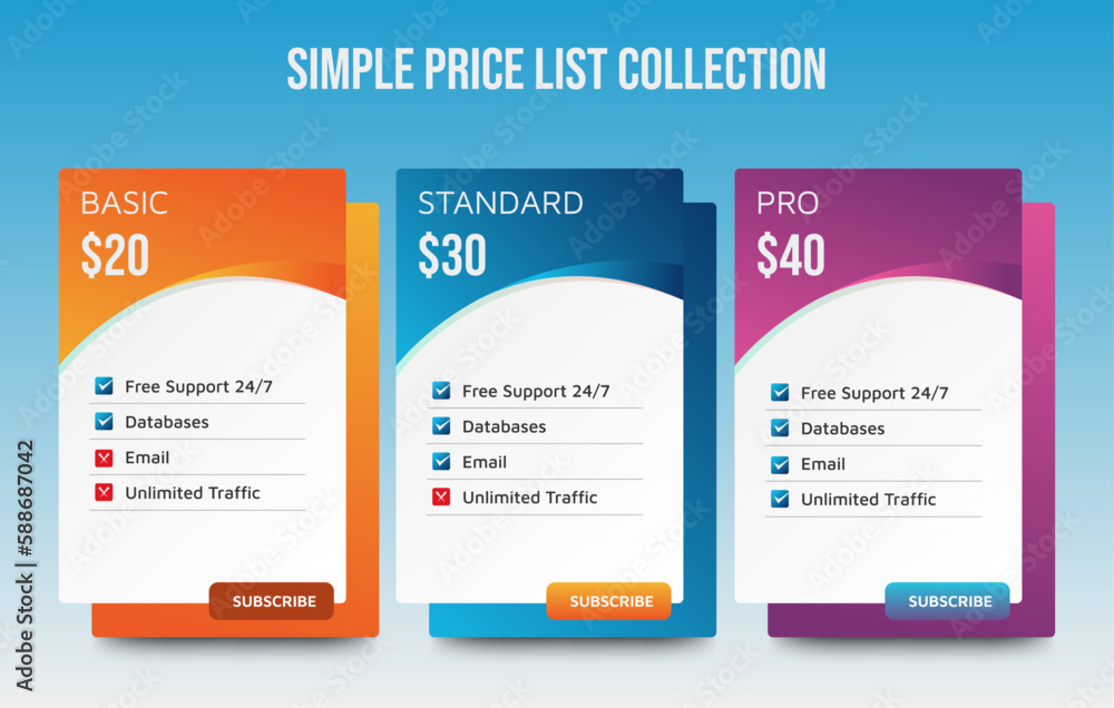 Collection of pricing plans for websites and applications. Hosting table banner. Vector illustration