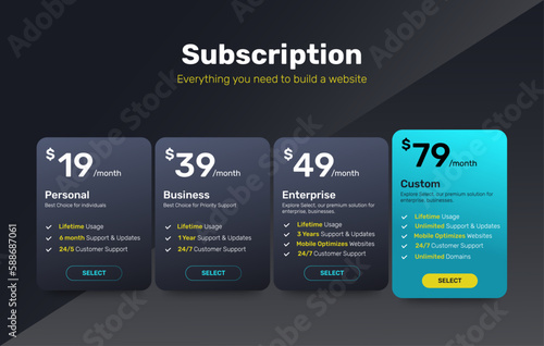 4 Plan Pricing Table Template Design, Gradient Dark Theme Illustration	
