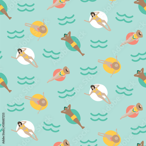 Summer beach holiday seamless repeat pattern. Digital printable paper. people sunbathing on inflatables.