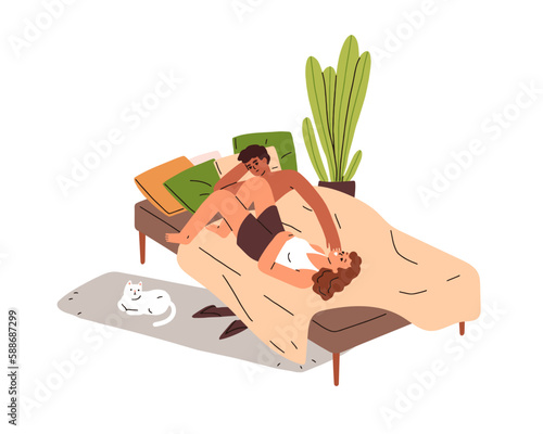Happy family couple relaxing, lying in bed on weekend. Young man and woman resting, talking on lazy day off, holiday, leisure time in bedroom. Flat vector illustration isolated on white background