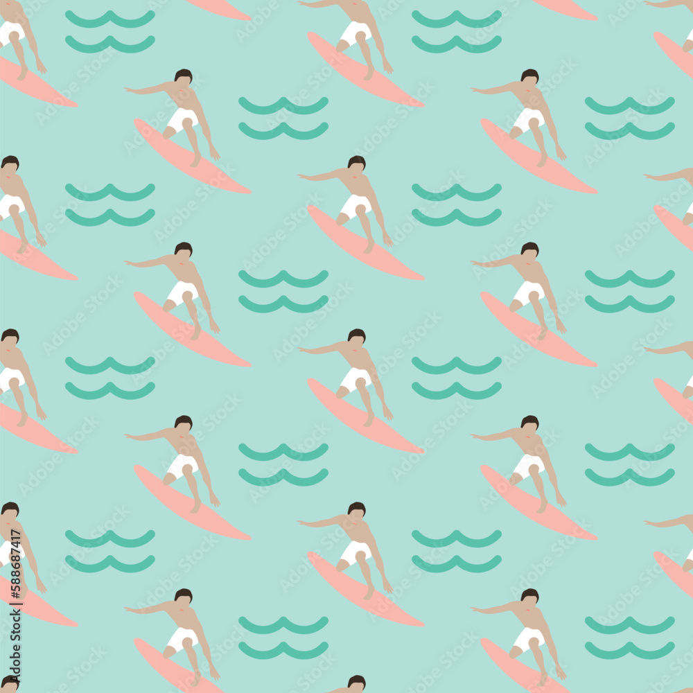 Summer beach holiday seamless repeat pattern. Digital printable paper. surfers on sea pattern