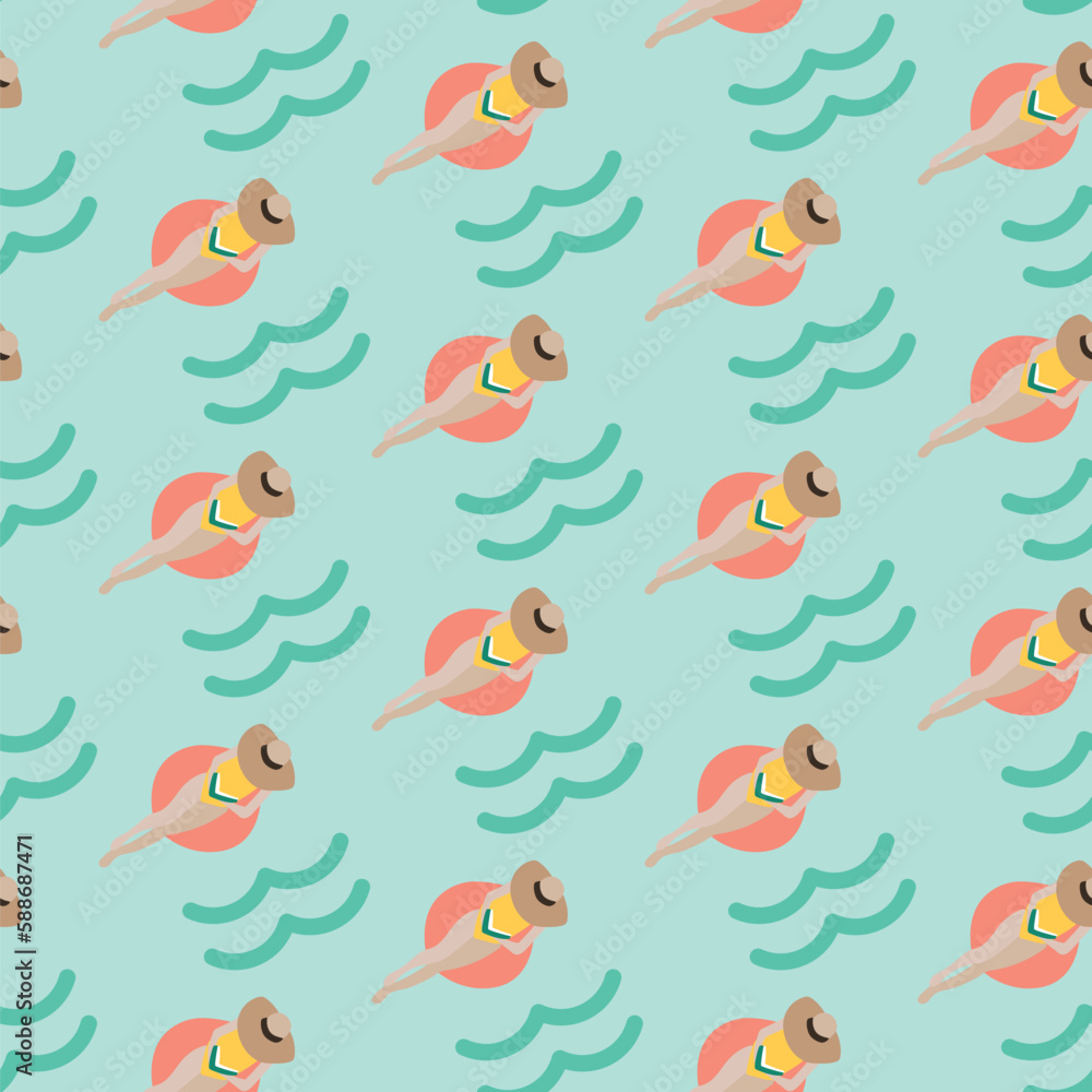 Summer beach holiday seamless repeat pattern. Digital printable paper. women reading book on inflatable. Summer beach holiday seamless repeat pattern. Digital printable paper. women reading book on inflatable.