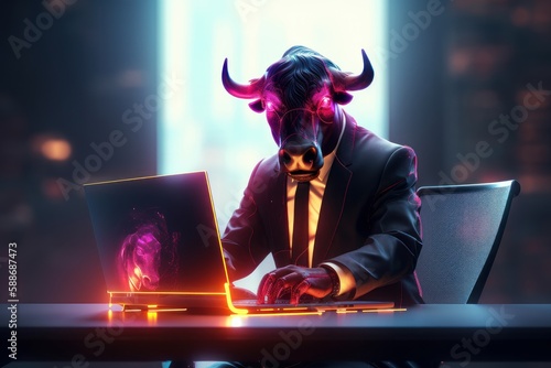 Bull trading with computer background, Bullish in Stock market and Crypto currency. Created Generative Ai