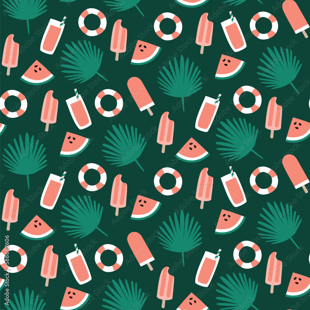 Summer beach holiday seamless repeat pattern. Digital printable paper. watermelon, popsicles, tropical leaves. Summer beach holiday seamless repeat pattern. Digital printable paper. watermelon, popsicles, tropical leaves.