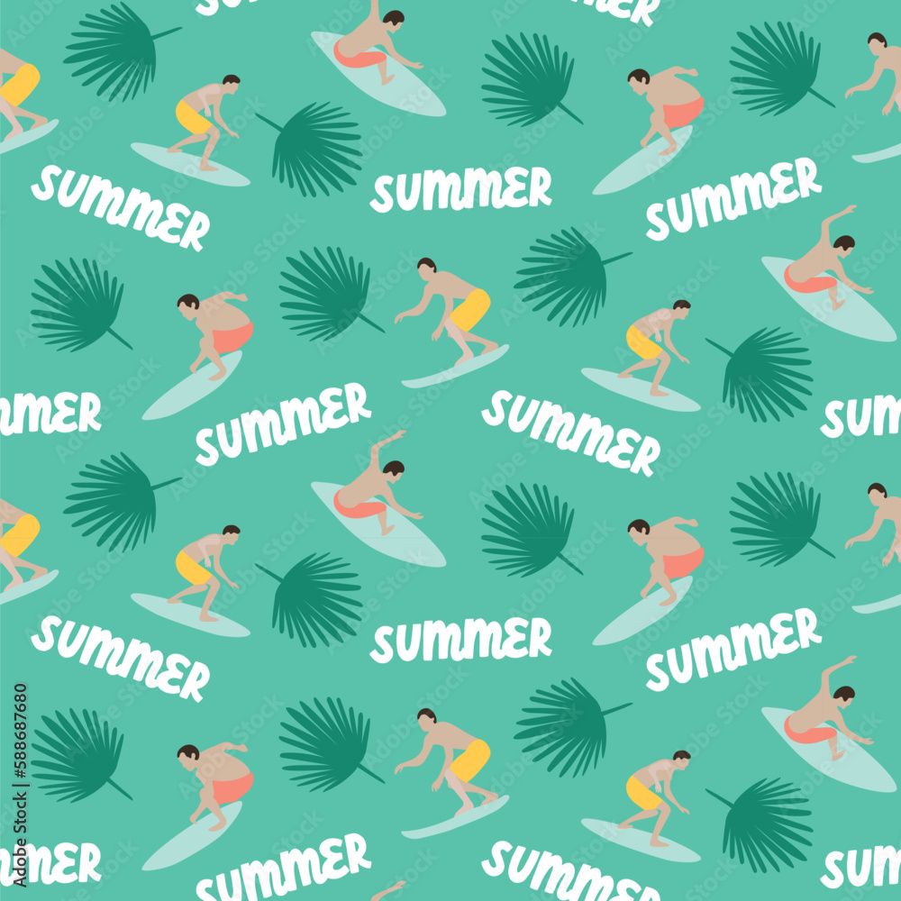 Obraz premium Summer surfers beach holiday seamless repeat pattern. Digital printable paper. surf pattern.
