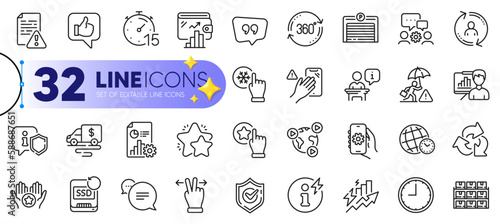 Outline set of Consumption growth, User info and Video conference line icons for web with Full rotation, Freezing click, Like thin icon. Dont touch, Shield, Timer pictogram icon. Vector