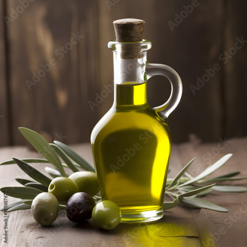 Bottle of fresh extra virgin olive oil and green olives with leaves on rustic background, generative AI.