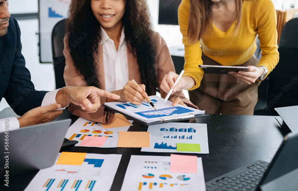 Business team meeting. professional investor working new start up project. Finance task. with smart phone and laptop and digital tablet computer  in morning light.