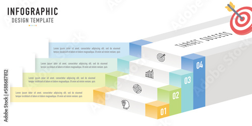 Stair, ladder isometric infographic template or element as a vector with 4 step, process, option, colorful 3D rectangle, bar, column, icons, paper origami for sale slide, modern minimal simple style
