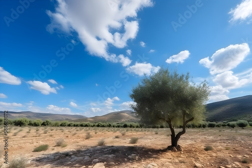 Old olive tree plantation with beautiful dramatic background with mountains and blue sky with clouds, generative AI.