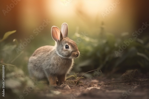 Back-lit scene of a beautiful baby rabbit sitting alone in a woodland setting