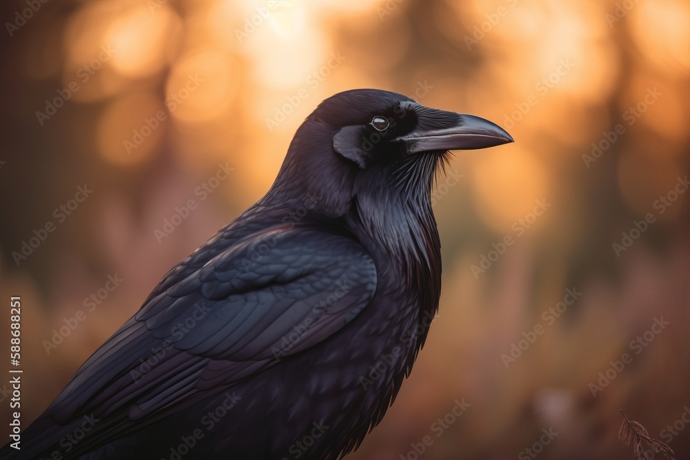 Fototapeta premium Back-lit scene of a beautiful Raven, Rook sitting alone in a woodland setting.