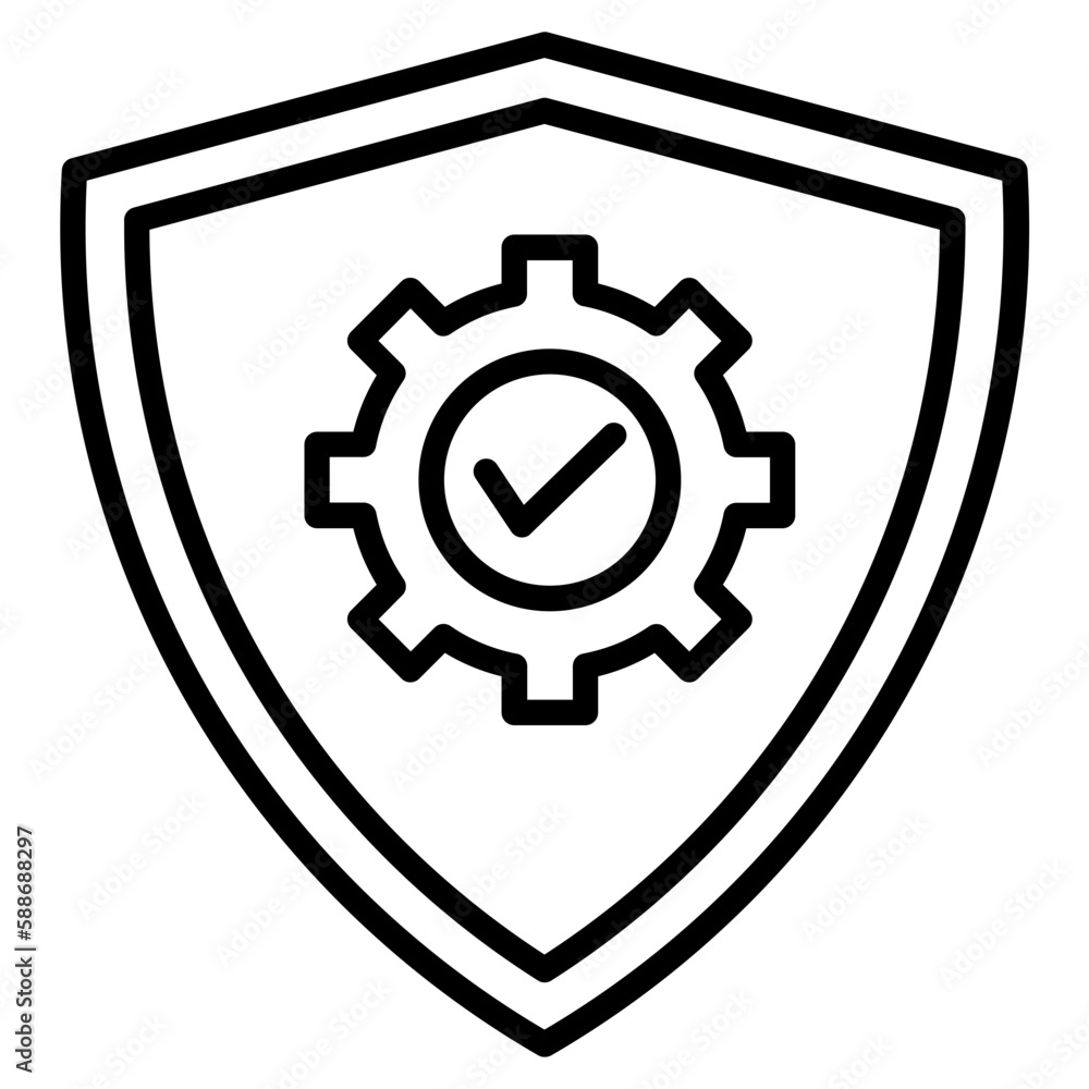 defense mitigation insurance Security icon with shield gear and exclamation mark defense mitigation insurance Security icon with shield gear and exclamation mark