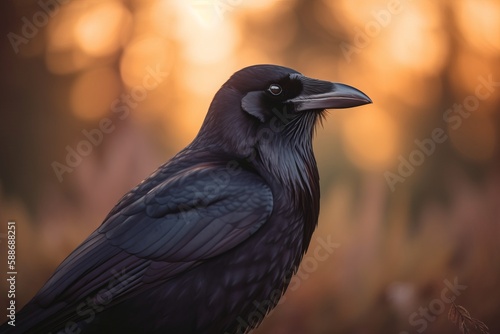 Back-lit scene of a beautiful Raven  Rook sitting alone in a woodland setting.