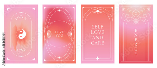 Vector set of design elements and illustrations in simple minimalist linear style - self care and love motivational quotes, prints and posters in y2k style