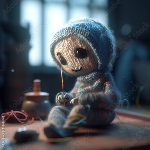 A cute knitting doll, 3D Render, Generative AI © spreephoto