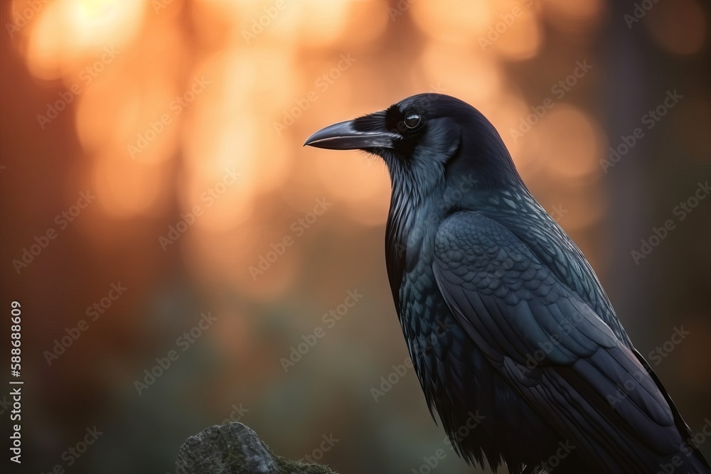 Back-lit scene of a beautiful Raven, Rook sitting alone in a woodland setting. Back-lit scene of a beautiful Raven, Rook sitting alone in a woodland setting.