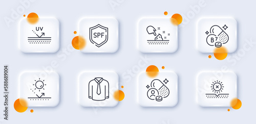 Vitamin, Uv protection and Spf protection line icons pack. 3d glass buttons with blurred circles. No sun, Biotin vitamin, Skin moisture web icon. Shirt pictogram. For web app, printing. Vector