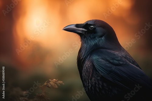 Back-lit scene of a beautiful Raven  Rook sitting alone in a woodland setting.