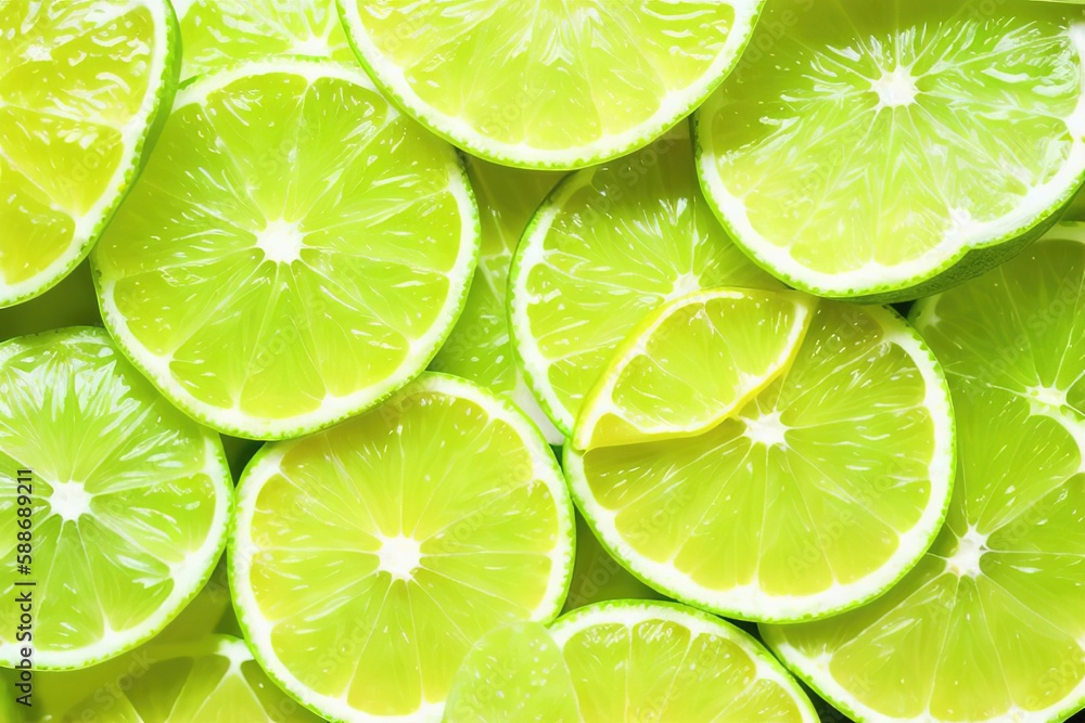 Green lime with cut in half and slices isolated on white background, Generative AI. Green lime with cut in half and slices isolated on white background, Generative AI.