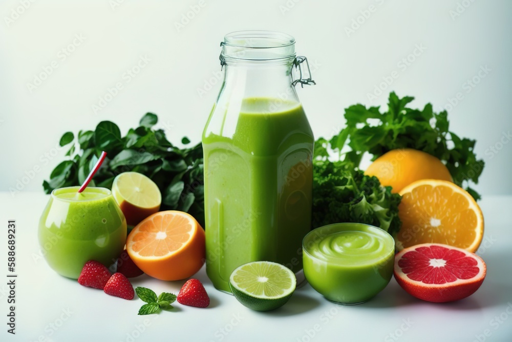 Healthy wholesome food from green fruits and vegetables in assortment. Green fresh vegan ingredients, antioxidants. Generative AI. Healthy wholesome food from green fruits and vegetables in assortment. Green fresh vegan ingredients, antioxidants. Generative AI.