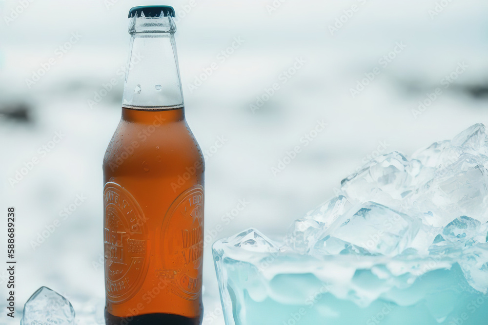 Bottle of beer in ice on a white background, Generative AI. Bottle of beer in ice on a white background, Generative AI.