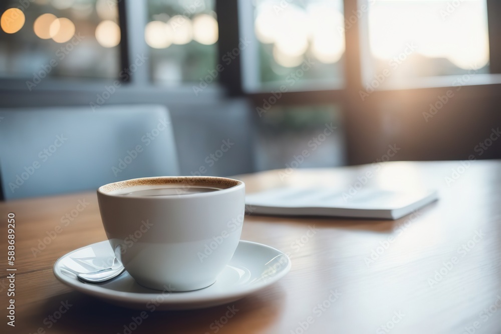 A cup of coffee on a table in a cafe at lunchtime at work. Generative AI