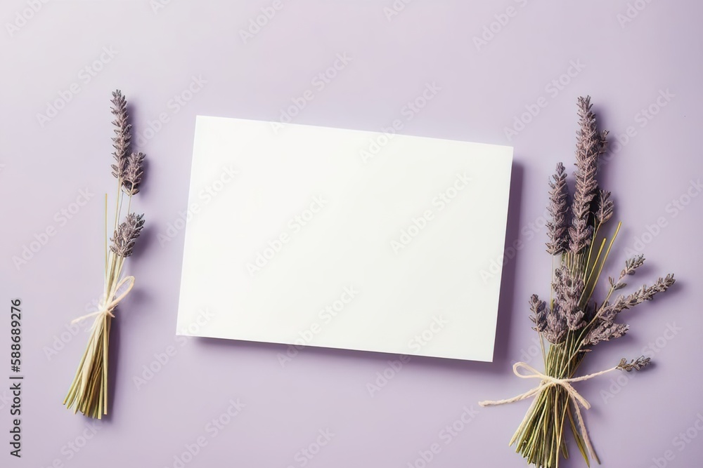 Mockup of an empty sheet of paper and dried flowers on the table. Minimalist postcard design. Generative AI Mockup of an empty sheet of paper and dried flowers on the table. Minimalist postcard design. Generative AI