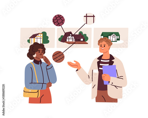 Choosing, searching, buying house concept. Real estate agent consulting client, customer, selling property. Realty consultation, communication. Flat vector illustration isolated on white background