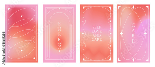 Vector set of design elements and illustrations in simple minimalist linear style - self care and love motivational quotes, prints and posters in y2k style