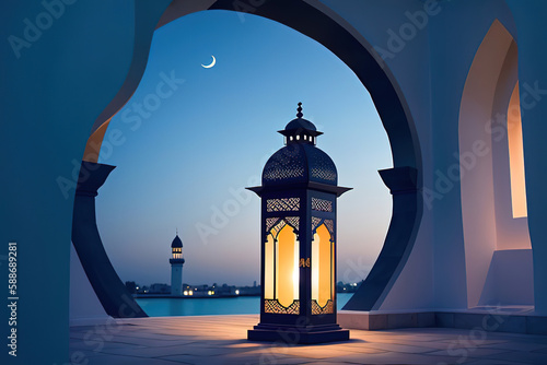 Ornamental Arabic lantern with burning candle glowing.Muslim holy month Ramadan Kareem. Generative AI.