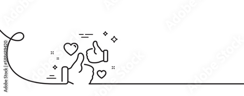 Like line icon. Continuous one line with curl. Thumbs up with heart sign. Positive feedback, social media symbol. Like single outline ribbon. Loop curve pattern. Vector