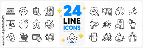 Icons set of Lightning bolt, Customisation and Grocery basket line icons pack for app with Recycle, Touchscreen gesture, Coins banknote thin outline icon. Update time. Design with 3d stars. Vector
