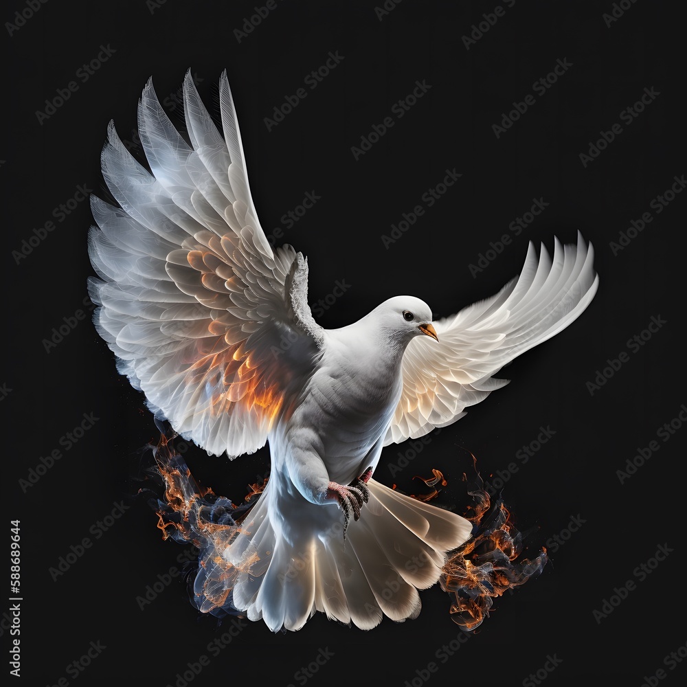 Beautiful white dove and fire isolated on black background - AI generated Beautiful white dove and fire isolated on black background - AI generated