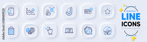 Cashback, Candy and Touchscreen gesture line icons for web app. Pack of Seo analysis, Smartphone message, Incubator pictogram icons. Rank star, Shopping bag, Computer fingerprint signs. Vector