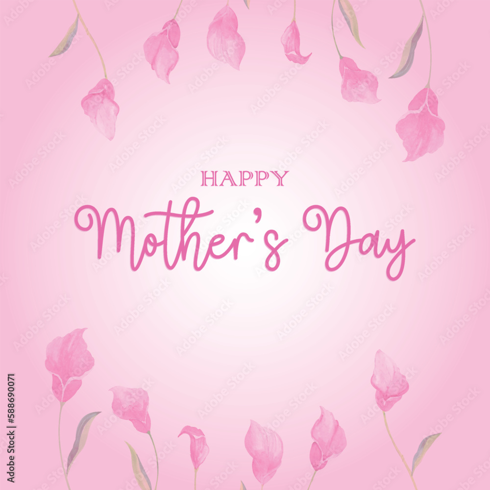 Happy Mother's Day, elegant greeting card with pink flowers, hand drawn watercolor vector illustration for greeting card or invitation design