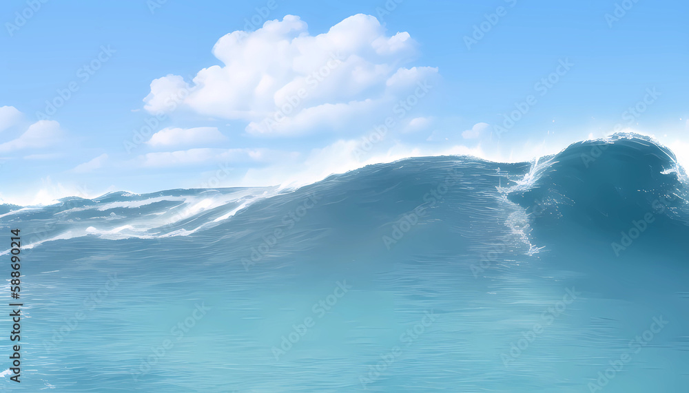 Spectacular view of the high waves breaking in the deep blue sea, with white clouds floating in the clear sky【Generative AI】